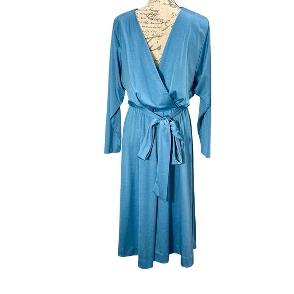 Vintage 80s Women's Retro Claralura Blue Satin Open Back Dress Sz 14 - Picture 6 of 9